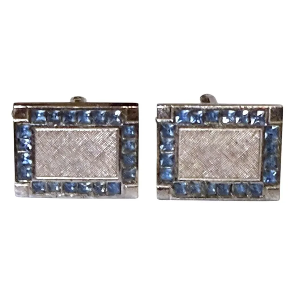 Vintage Dante Cufflinks Mens Silver Tone Brushed Aqua Glass Jewels Bullet Back